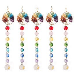 Honeyhandy Chakra Octagon Glass Beaded Pendant Decorations, Suncatchers, Rainbow Maker, with Gemstone, Clear Faceted Glass Pendants, Flat Round with Tree of Life, Real 18K Gold Plated, 355mm, Hole: 10mm