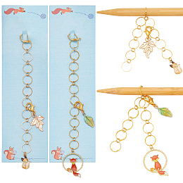 Brass Ring Knitting Row Counter Chains, with Alloy Enamel Fox & Leaf Charm, Golden, 16~17.5cm, 2pcs/set