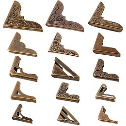 PandaHall Elite 60 pcs 15 Styles Iron Corner Protectors Guard Edge Cover, Metal Furniture Decorative Cover Pad for Desk Jewelry Case Box Book Scrapbooking Albums Menus Triangle Carved, Antique Bronze