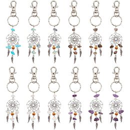 NBEADS 12 Pcs Dream Catcher Keychain, Natural Gemstone Embellished Alloy Keychain Pendants Woven Net with Feather Pendant Charms for DIY Jewelry Crafts Key Chain Making Hanging Decorations