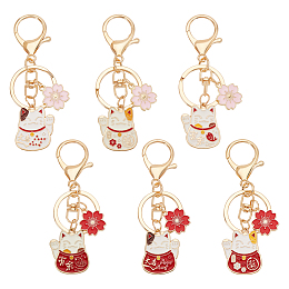 Olycraft 6Pcs 6 Style Chinese Style Alloy Enamel Keychains, with Iron Lobster Clasp and Rings, Cat with Flower, Mixed Color, 9.15cm, 1pc/style