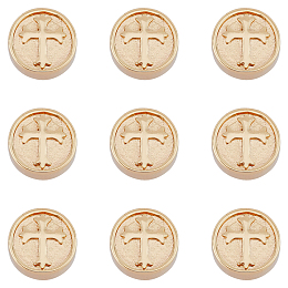 Arricraft Brass Beads, Flat Round with Cross, Cadmium Free & Nickel Free & Lead Free, Real 18K Gold Plated, 10x4.5mm, Hole: 1.4mm, 10pcs/box