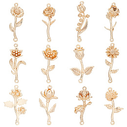 PandaHall Elite 12pcs Golden Flower Links, 18K Gold Plated Brass Flower Linking Charms Plant Pendant Connectors Double Hole Pendant Charms for DIY Necklace Bracelet Jewelry Crafts Making