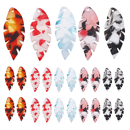 PandaHall Elite 30Pcs 5 Colors Cellulose Acetate(Resin) Pendants, Leaf, Mixed Color, 26.5x10.5x2.5mm, Hole: 1mm, 6pcs/color