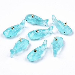 Honeyhandy Transparent Epoxy Resin Pendants, with Golden Tone Metal Finding, Whale Shape, Pale Turquoise, 28x13~14x12mm, Hole: 1.4mm