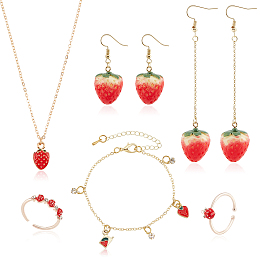 ANATTASOUL Strawberry Brass Enamel Pendant Necklace & Dangle Earrings & Open Cuff Ring & Charm Bracelet Jewelry Sets, Light Gold Alloy Jewelry Set for Women, Red, 16.22 inch(41.2cm), 26x18.5x19mm, Pin: 0.6mm, Inner Diameter: 17mm, 7 inch(17.8cm)