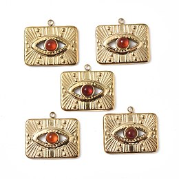 Honeyhandy Vacuum Plating 201 Stainless Steel Natural Red Agate Pendants, Real 18K Gold Plated, Rectangle with Eye Charms, 17.5x20.5x4mm, Hole: 1.6mm