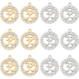 UNICRAFTALE 12pcs 2 Colors Flat Round Pendants 201 Stainless Steel Crystal Rhinestone Charms Flat Round with Aum/Ohm Jewellery Making Charms 1.6mm Hole Dangle Charms Pendants for Jewelry Making