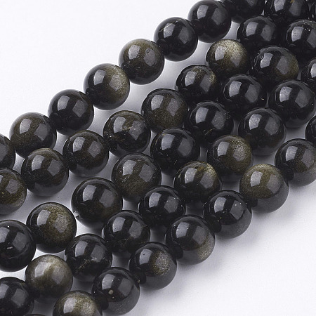 Arricraft Natural Golden Sheen Obsidian Beads Strands, Round, 8mm, Hole: 1mm, about 48pcs/strand, 15.5 inches