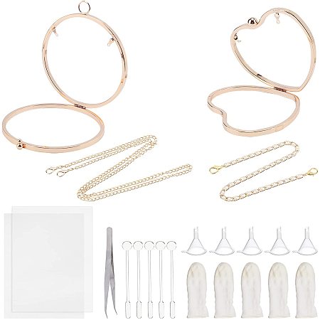 Pandahall Elite Purse Making Kit 2pcs Round Heart Metal Bag Frame Clasp Lock Frame 2 Strands Golden Bag Chain Purse Chain Replacement with 13pcs Tools for Resin Mold Crochet Crossbody Bag, 17pcs Total