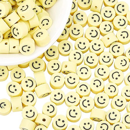 NBEADS 200 Pcs Polymer Clay Beads, Smile Face Beads Handmade Spacer Yellow Beads Flat Round Loose Beads for Jewelry Making Crafts Accessories