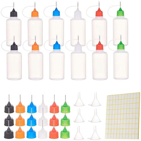 BENECREAT 12 Pcs 50ml/1.7oz Precision Tip Applicator Bottle Squeeze Glue Bottle and with 18PCS Colored Replace Head, 6 Funnels and 1 Lable for DIY Quilling, Precision Oiler and Glue Alcohol Ink