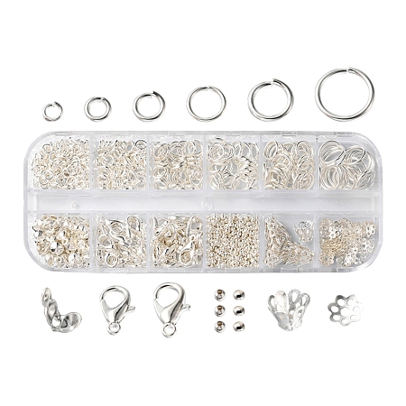 Honeyhandy DIY Jewelry Making Finding Kit, Including Brass Jump Rings, Alloy Lobster Claw Clasps, Iron Spacer Beads & Bead Caps & Bead Tips, Brass Crimp Beads, Silver
