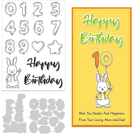 GLOBLELAND 1Set Happy Birthday and Number Cut Dies and Clear Stamp Set Rabbit and Balloon Embossing Template Mould and Silicone Stamp for Card Scrapbook Card DIY Craft
