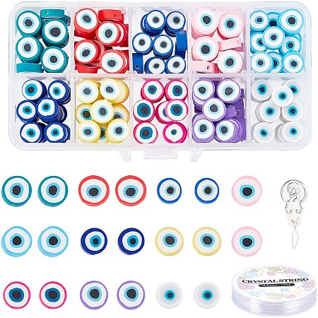 NBEADS 250 Pcs Polymer Clay Evil Eye Beads, 10 Colors Handmade Flat Round Polymer Clay Beads Evil Eye Charm Soft Pot Beads with Crystal Thread and Aluminum Threaders for Jewelry Makeing