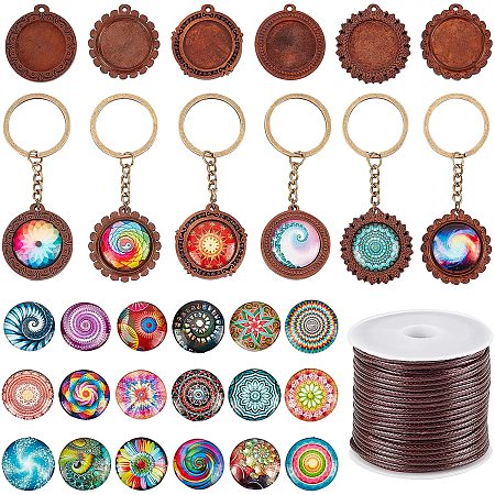 PandaHall Elite 155pcs Wooden Pendant Trays Bezels Blank, 25mm Glass Cabochon Dome Split Key Rings Jump Rings Waxed Polyester Cords for Bouquet Bridal Wedding Brides Photo Charm Cameo Jewelry Findings