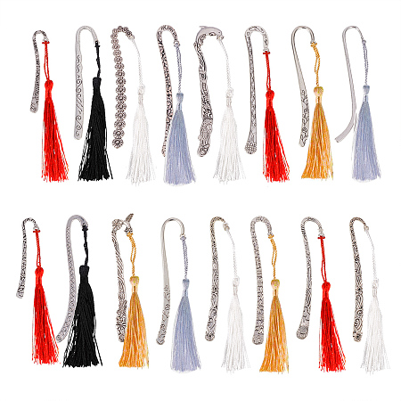 PandaHall Elite 16PCS Mixed Tibetan Antique Silver Carved Hook Bookmarks for Beading with 20PCS 5 Color Tassel Decoration