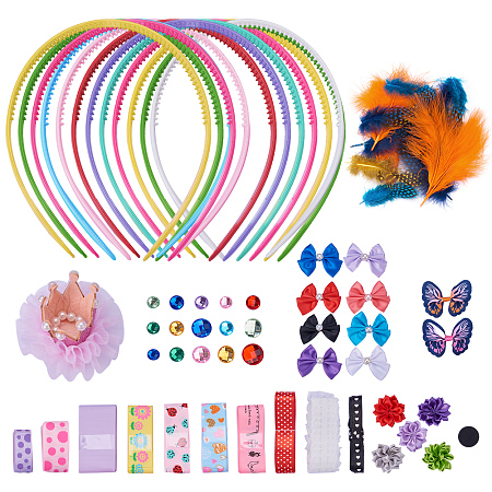 SUNNYCLUE 1 Set 80+ pcs DIY Fashion Headbands Kit Kids Art and Crafts Kits, Women Girls Jewelry Making Kit - Decorated with Hair Accessories Ribbon Bowknot Feather- Make 12 Headband