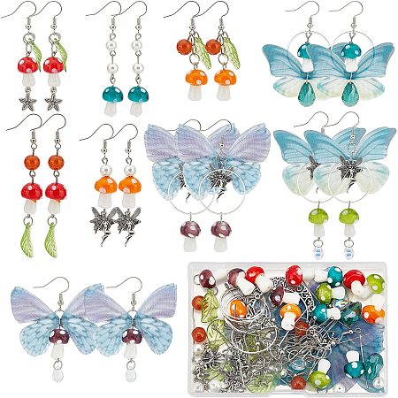 SUNNYCLUE 1 Box DIY 10 Pairs Butterfly Charms Fabric Butterflies Wing Charm Fairy Themed Earring Making Kit Moon Crescent 3D Mushroom Charm Fairy Charms for Jewelry Making Kits Adult Craft Supplies