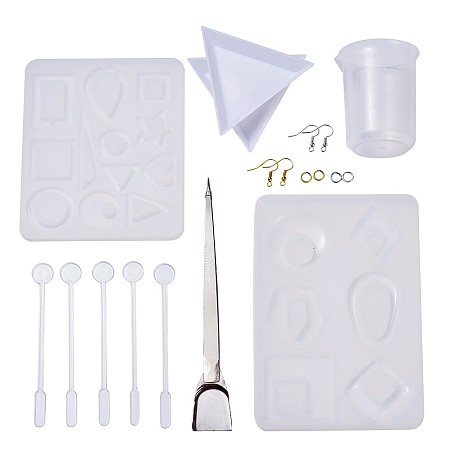 Arricraft DIY Earring Makings, with Pendant Silicone Molds, Brass Jump Rings & Earring Hooks, 304 Stainless Steel Tweezers, Plastic Stirring Rod & Display Trays & Measuring Cup, White, 180x120x58mm