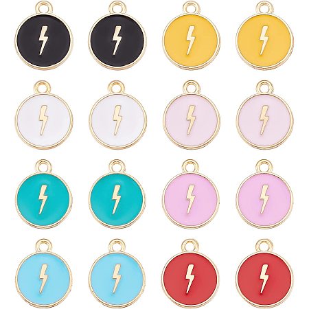 SUPERFINDINGS 80Pcs 8 Colors Alloy Enamel Flash Shape Charms Flat Round with Lightning Pendant 16x13mm Flash Thunder Pendant Lightning Bolt Charms for DIY Jewelry Making Hole:1.6mm