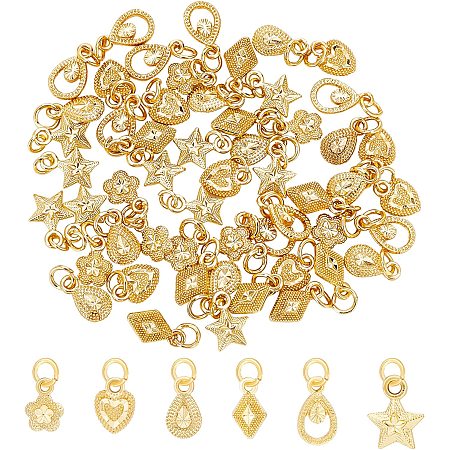 CHGCRAFT 60Pcs 6 Styles 3D Metal Flower Heart Star Charms Golden Rhombus Teardrop Shape Pendants Charms for DIY Necklace Bracelet Earrings Keychain Crafting Jewelry Making