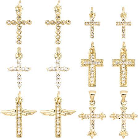AHANDMAKER 12 Pcs Cubic Zirconia Cross Charms, 6 Styles Brass Micro Pave Cross Wing Real 18K Gold Plated Cross Charms Pendant for DIY Bracelet Necklace Jewelry Making