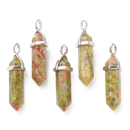 Honeyhandy Natural Unakite Pendants, with Platinum Tone Brass Findings, Bullet, 39.5x12x11.5mm, Hole: 4.5x2.8mm