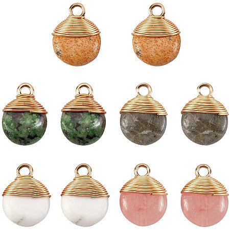NBEADS 10 Pcs Natural Gemstone Pendants, 5 Colors Gemstone Stone Charms Flat Round Half Drilled Pendants with Golden Tone Brass Wires and Iron Loops for Jewelry Making