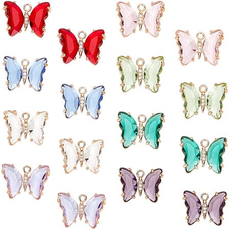 SUNNYCLUE 1 Box 16Pcs 8 Colors Butterfly Charms Glass Crystal Beads Pendants Colorful Butterfly Faceted Gemstone Gold Plated Bulk for DIY Necklaces Bracelets Crafts Making Supplies