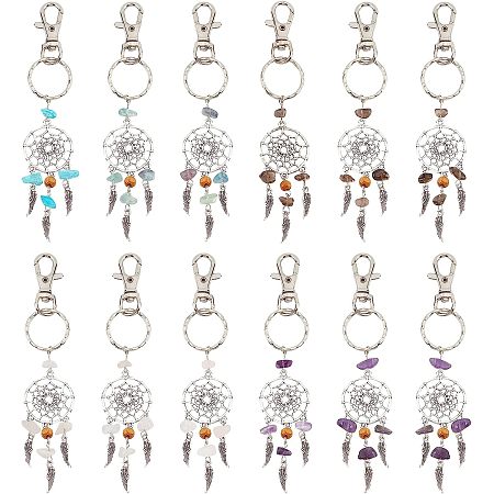 NBEADS 12 Pcs Dream Catcher Keychain, Natural Gemstone Embellished Alloy Keychain Pendants Woven Net with Feather Pendant Charms for DIY Jewelry Crafts Key Chain Making Hanging Decorations