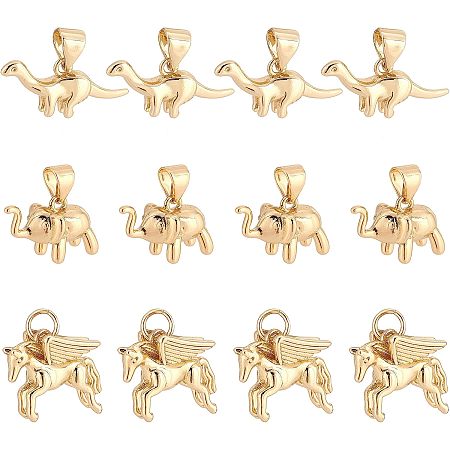 SUPERFINDINGS 12Pcs 3 Styles Dinosaur Unicorn Elephant Charms Pendant Brass Animal Charms Long-Lasting Plated Dangle Charms with Jump Rings for Bracelets Jewelry Making, Hole: 3~4mm
