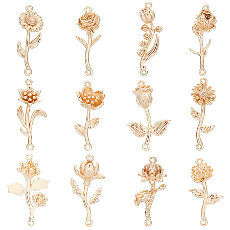 PandaHall Elite 12pcs Golden Flower Links, 18K Gold Plated Brass Flower Linking Charms Plant Pendant Connectors Double Hole Pendant Charms for DIY Necklace Bracelet Jewelry Crafts Making