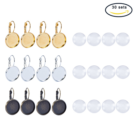 PandaHall Elite 30PCS Brass Lever Back Hoop Bezel Earring Components with 30PCS 16mm Glass Cabochons (Round Tray: 16mm,Antique Bronze Gold Silver color)