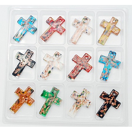 Honeyhandy Handmade Gold Sand Lampwork Pendants, Cross, Mixed Color, Size: about 50mm long, 35mm wide, 6mm thick, hole: 4mm, 12pcs/box