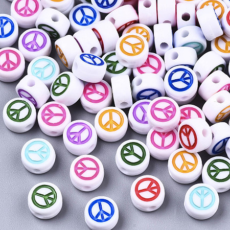 Honeyhandy Opaque Acrylic Beads, with Enamel, Flat Round with Peace Sign, Mixed Color, 7x4mm, Hole: 1.6mm, about 3600pcs/500g