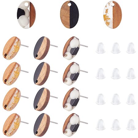 UNICRAFTALE 3 Styles 24pcs Oval Resin Walnut Wood Stud Earring Findings Vintage Wooden Stud Earrings with Stainless Steel Pin Mixed Color Earring with Plastic Ear Nuts for Jewelry Making
