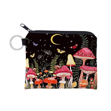 Honeyhandy Polyester Zip Pouches, Change Purse, Rectangle with Mushroom Pattern, Red, 9.3x11.3cm