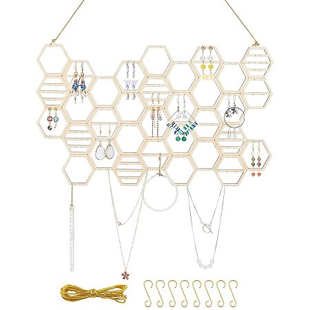 PandaHall Elite Earring Wall Hanging Organizer, Honeycomb Hanging Wall Mount Earring Display Wood Jewelry Organizer with Hooks and Cords for Stud Earrings Necklaces Bracelet, 130 Holes, Burlywood
