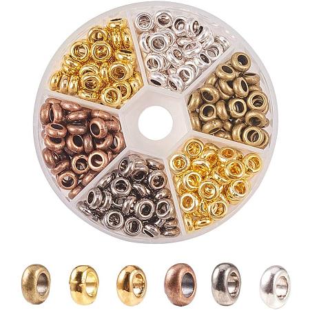 PandaHall Elite 300pcs 6 Color Rondelle Large Hole Spacer Beads Tibetan European Spacer Loose Hole Metal Beads for Necklace Bracelet Jewelry Making, 7mm, Hole: 4mm