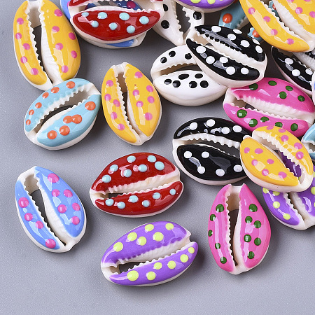 ARRICRAFT Natural Cowrie Shell Beads, with Enamel, Undrilled/No Hole, Mixed Color, 17~22x11~15x7mm