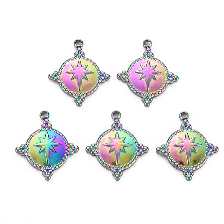 Rainbow Color 201 Stainless Steel Pendants, Flat Round with Star, Multi-color, 17.5x15x2.5mm, Hole: 1.4mm