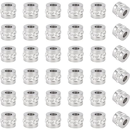 UNICRAFTALE 30pcs Stainless Steel Column Beads with Polymer Clay Rhinestone About 6.5mm in Diameter Metal Loose Spacer Beads Large Holes Column Beads for Bracelet Necklace Jewelry Making