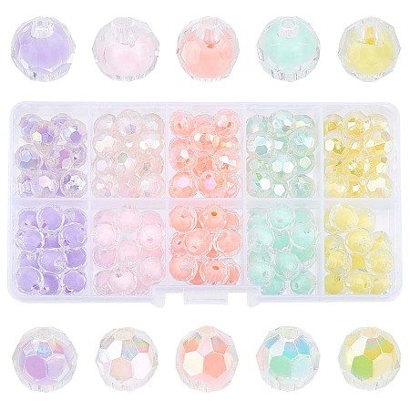PandaHall Elite 120Pcs 10 Style Transparent Acrylic Beads, Bead in Bead, AB Color, Faceted, Round, Mixed Color, 9.5x9.5mm, Hole: 2mm, 12pcs/style