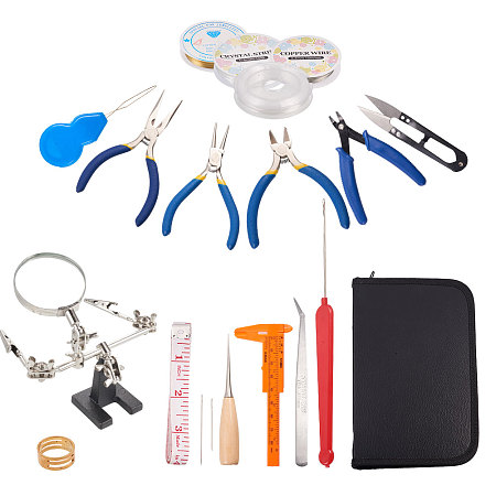 PandaHall Elite 19 Pieces Jewelry Making Supplies Kit with Jewelry Pliers, Magnifier Stand, Crimper Tool, Tweezers, Caliper, Beading Needles, Wire Wrapping, Leather Storage Case Included