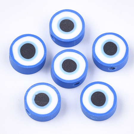 Honeyhandy Handmade Polymer Clay Beads, Flat Round with Eye, Royal Blue, 10.5x4~4.5mm, Hole: 1.4~1.6mm