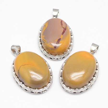 Honeyhandy Natural Mookaite Pendants, with Brass Findings, Oval, Platinum, 30x21x10~11mm, Hole: 6x4mm