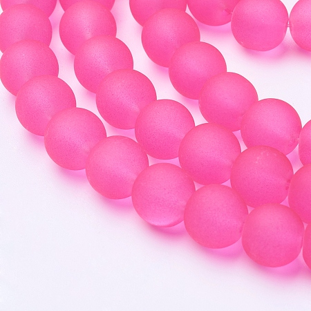 Honeyhandy Transparent Glass Bead Strands, Frosted, Round, Deep Pink, 10mm, Hole: 1.3~1.6mm, about 80pcs/strand, 31.4 inch
