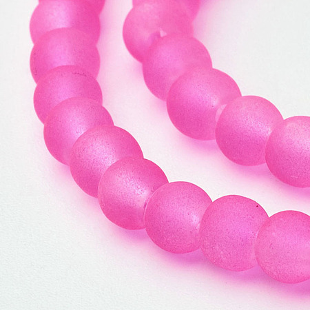 Honeyhandy Transparent Glass Bead Strands, Frosted, Round, Deep Pink, 4mm, Hole: 1.1~1.6mm, about 200pcs/strand, 31.4 inch