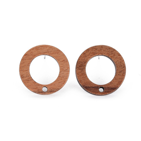 Honeyhandy Walnut Wood Stud Earring, with 304 Stainless Steel Pin and Hole, Ring, Tan, 18mm, Hole: 1.6mm, Pin: 0.7mm